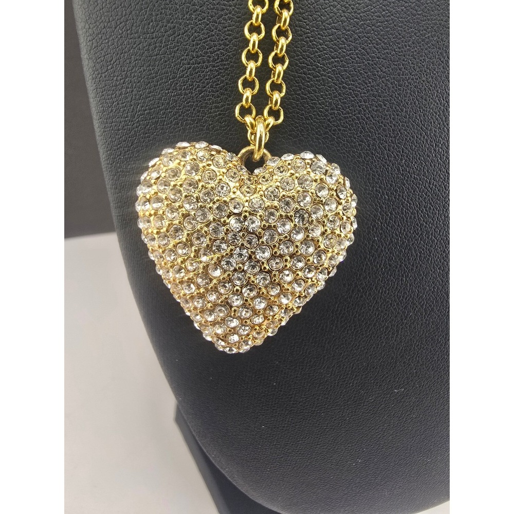 J.Crew Heart Pendant Necklace Gold Tone Rhinestone Pave 32 Inch